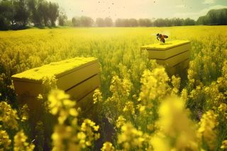 春天在油菜花采蜜的蜜蜂黄色海报素材背景