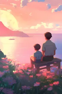 父子坐着花丛湖边看夕阳背景