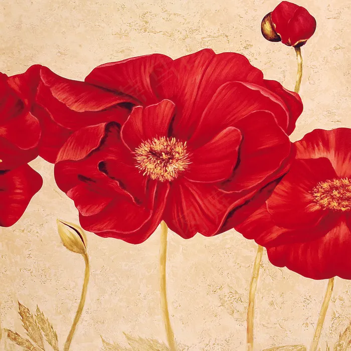 红色花卉复古油画