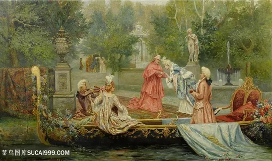 坐在船上的欧洲贵族人物油画图片