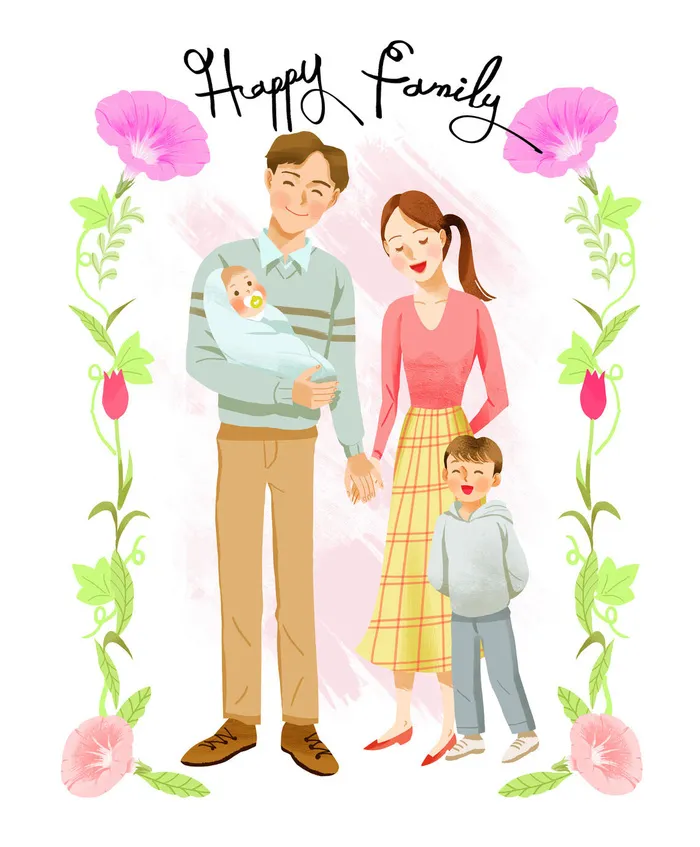 开心一家四口插画PSD素材psd模版下载