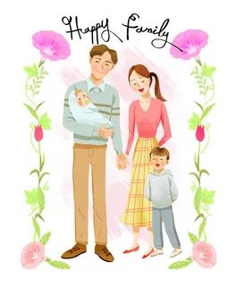 开心一家四口插画PSD素材