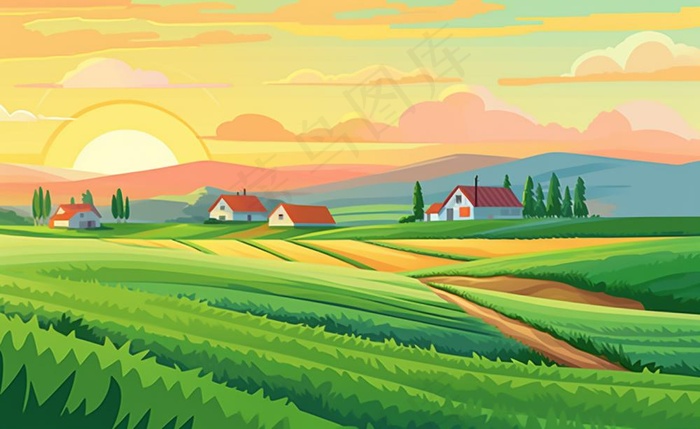 乡村村庄美丽风景河流插画农田插画背景(1408x864)