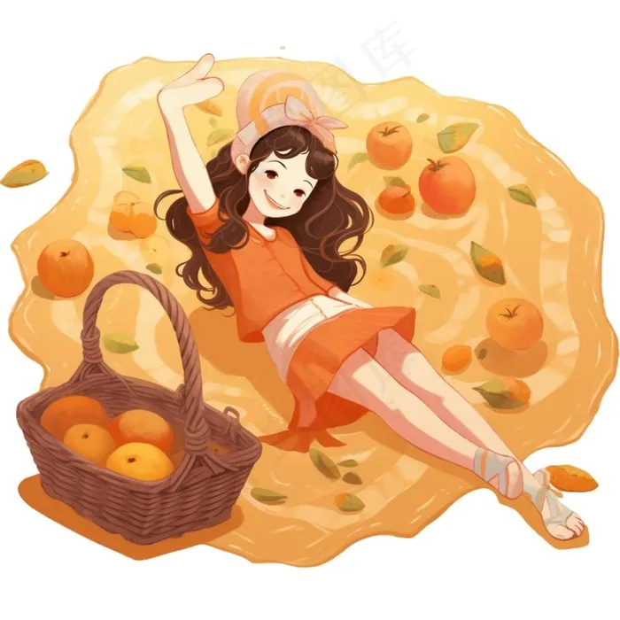 秋日野餐户外活动少女欢乐橙色卡通插画免抠(1024x1024)