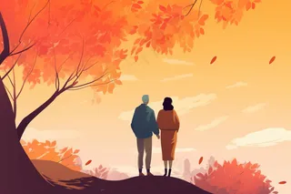 秋季夫妇依偎黄叶纷飞重阳插画素材背景