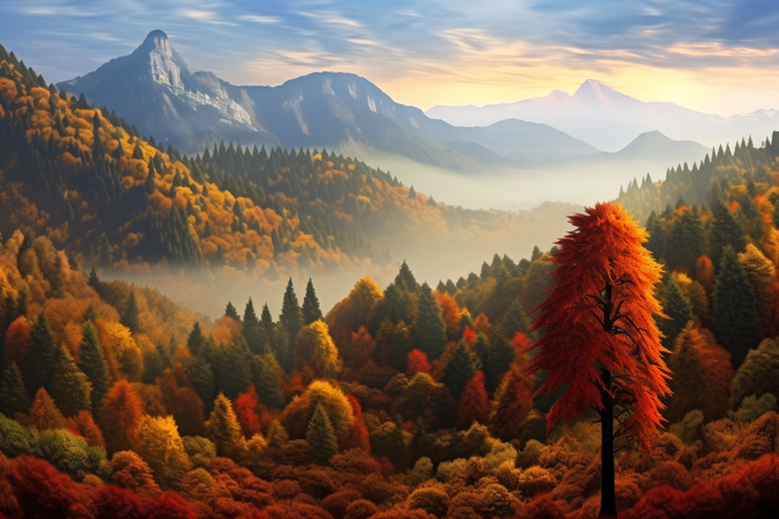 秋天森林山脉高山云层雾气摄影图