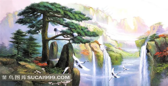 油画迎客松仙鹤瀑布风水画聚宝盆图片上传