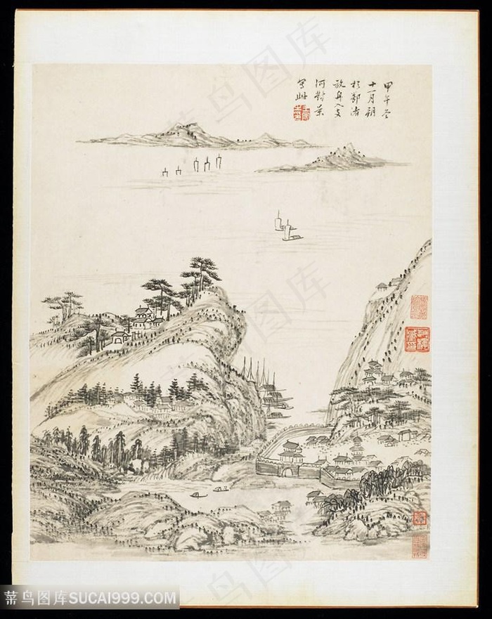 清代画家王宸山水册页江边村落国画图片