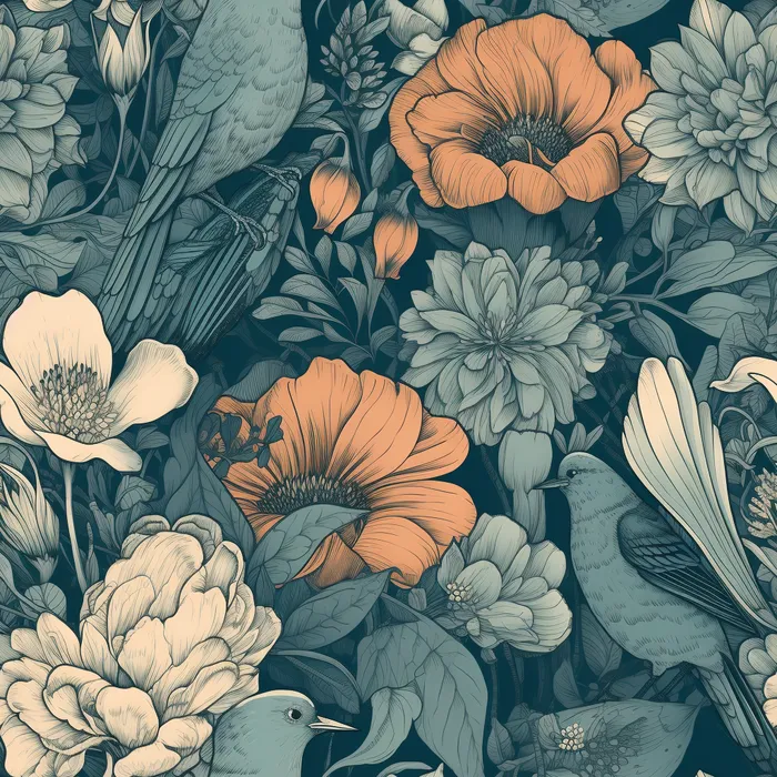 花鸟图，插画风格，无缝贴图，素材