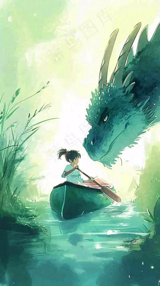 古风河面龙传统手绘插画，中国风漫画