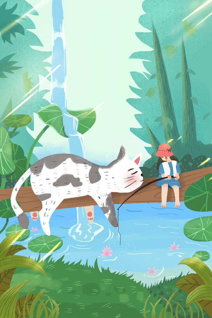 猫陪女孩钓鱼夏至插画墨绿色旅游