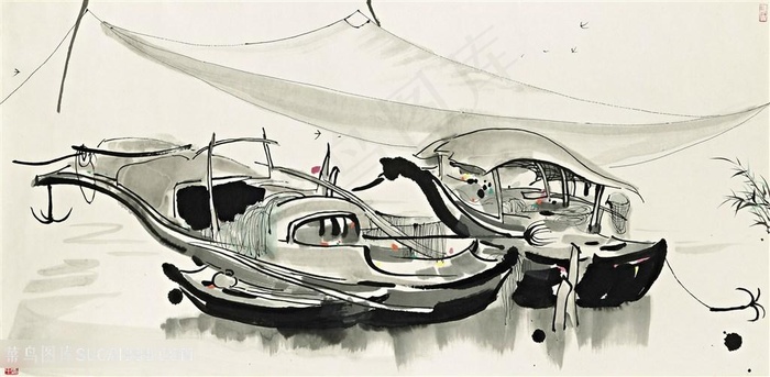 吴冠中水墨湖畔船美景装饰画