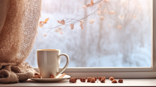 冬日窗外的雪景和窗台的咖啡摄影图