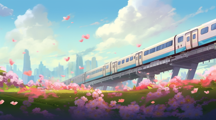 火车列车行驶在高架桥上飘起的粉色花瓣卡通插画(4368x2448)