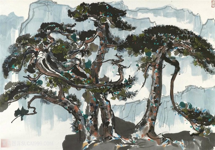 吴冠中水墨水彩迎客松装饰画