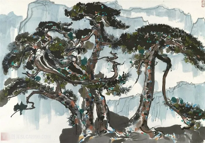 吴冠中水墨水彩迎客松装饰画