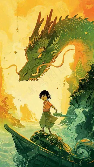 国风中国龙龙年落日黄绿色意境海浪插画手绘