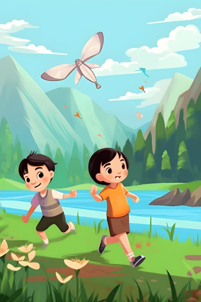 儿童孩子们大自然草原森林游玩卡通背景