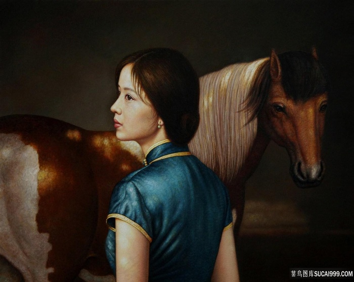 骏马旗袍女油画装饰画
