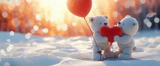 冬天雪地落日下爱情小熊，浪漫雪花情人节520爱情气球摄影图