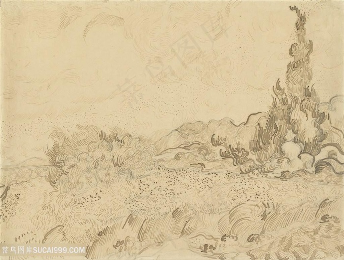 梵高麦田和柏树手绘装饰画