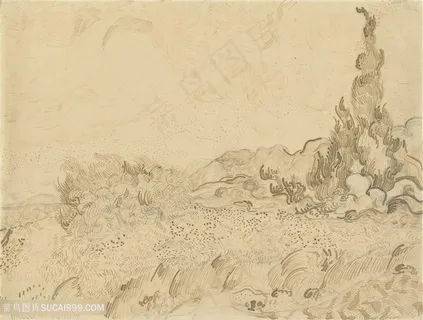 梵高麦田和柏树手绘装饰画