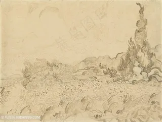 梵高麦田和柏树手绘装饰画