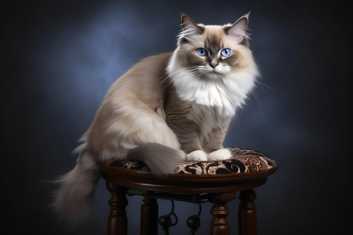 一只可爱的猫咪长毛坐着凳子上摄影图(4032x2688)