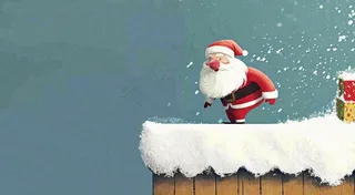 冬天圣诞老人屋顶带礼物，雪花雪屋，圣诞节卡通扁平插画