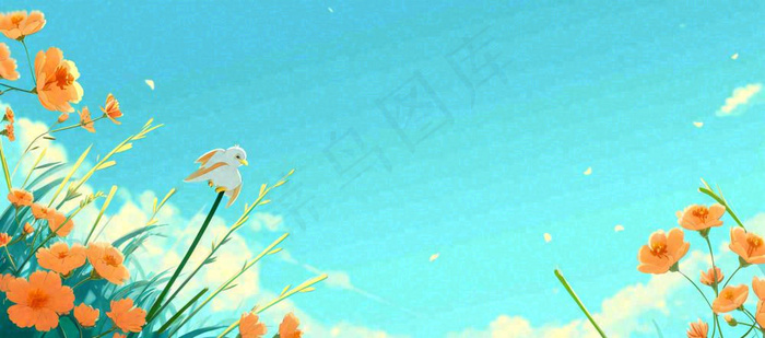 春天清新草地小花蓝天白云，鲜花向阳手绘插画(1632x720)