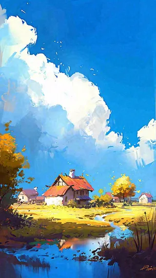 春天乡村河流倒影草地蓝天白云小屋手绘插画