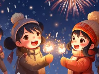 新年除夕放烟花爆竹的孩童庆祝新年喜庆卡通插画背景