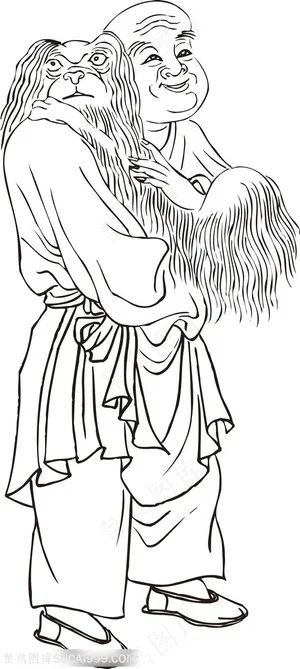 抱着狮子狗的僧人罗汉线描矢量PNG绘画图片 抱着狮子狗的僧人罗汉线描矢量PNG绘画图片