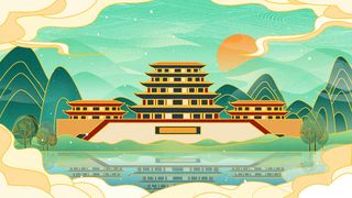 中国风国潮烫金仙鹤山水古建筑风景装饰插画背景PSD分层设计素材