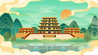 中国风国潮烫金仙鹤山水古建筑风景装饰插画背景PSD分层设计素材