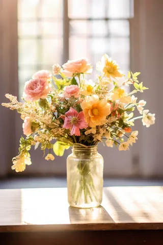 阳光下的透明花瓶插着鲜花美丽摄影图