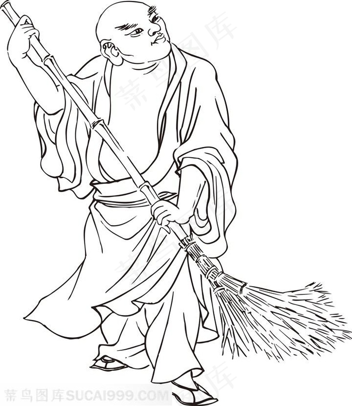 拿扫把手绘线描108罗汉矢量PNG图片