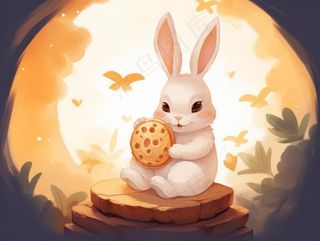 月饼小白兔玩耍插画水彩画背景