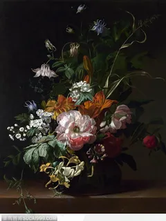 国外大师静物写实油画作品--瓶子里的鲜花和草世界名画