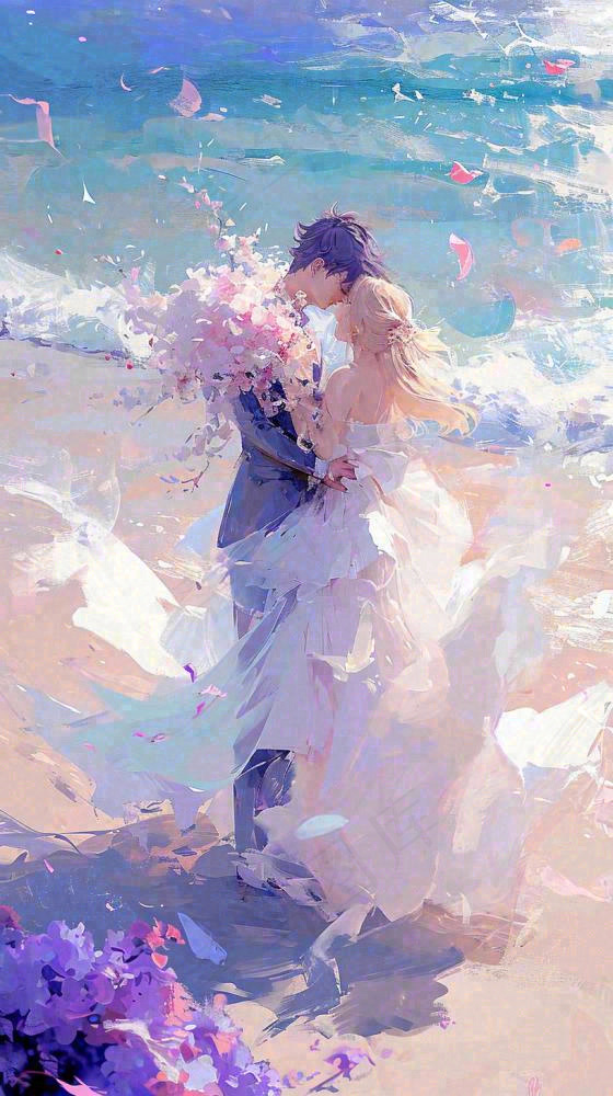 海边爱情情侣浪漫拥抱接吻，情人节婚纱照手绘插画(816x1456)