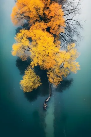 秋叶树木河面俯视摄影