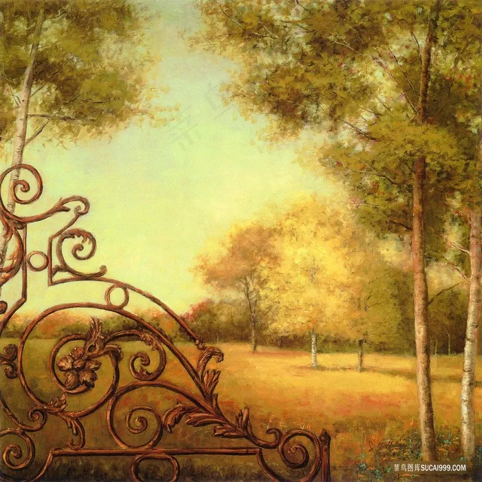 唯美水彩树林草地油画 唯美水彩树林草地油画
