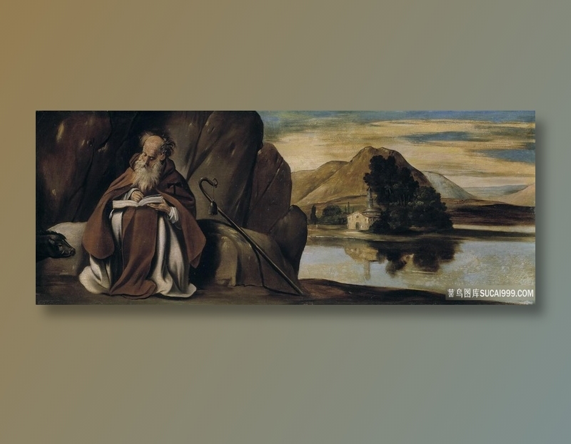 湖畔胡须老人油画风景画