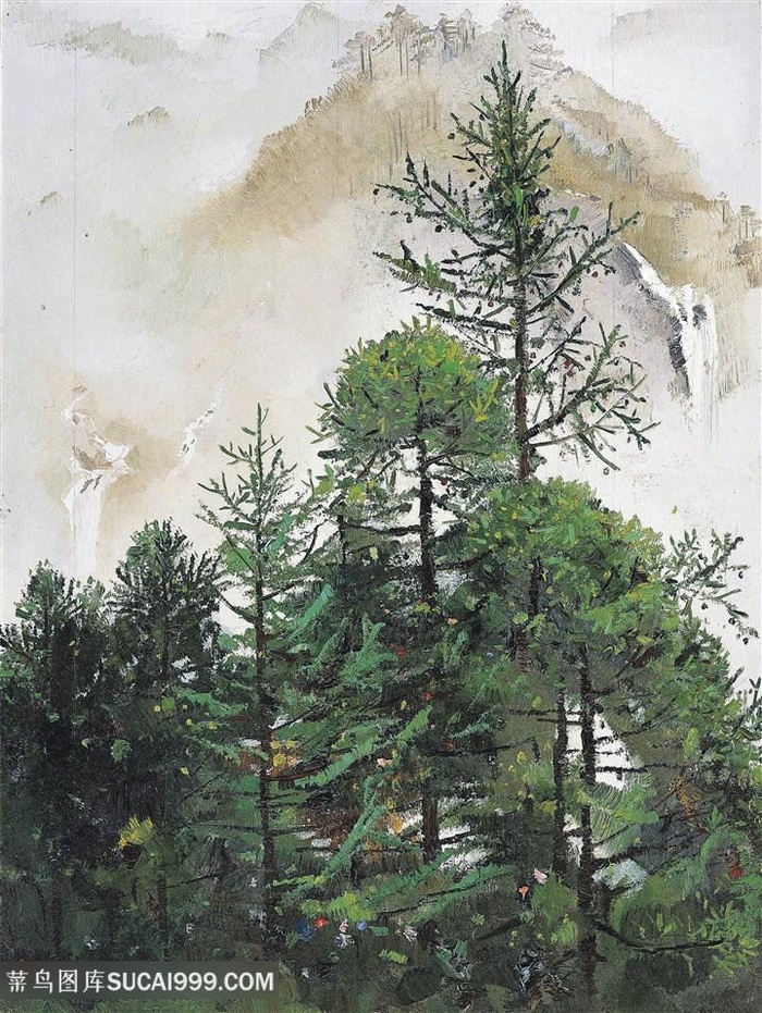 吴冠中手绘森林山脉高清风景画