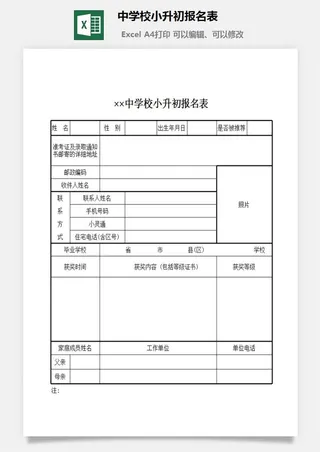 中学校小升初报名表excel模板