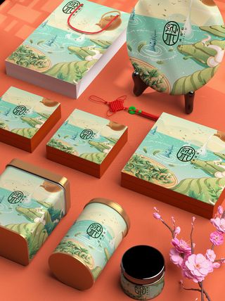 高端文创样机素材产品中国风国潮logo礼盒包装VI智能贴图PSD模板