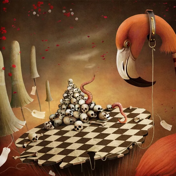 创意概念童话场景火烈鸟和骷髅高清图片