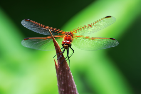 蜻蜓站在植物枝头上绿色背景摄影图