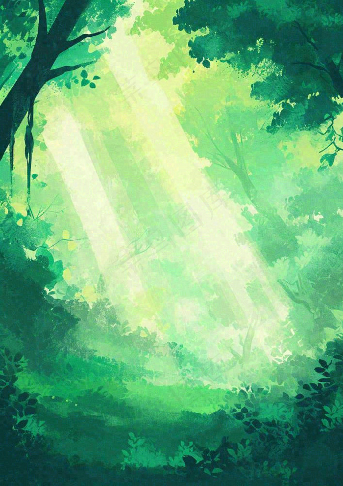 春意盎然的树林里阳光洒下绿草茵茵的水彩画(928x1312)