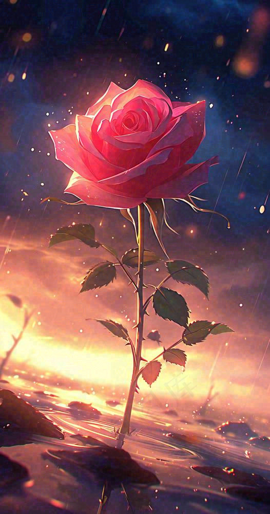 海平面上渐变落日前的一支粉色玫瑰花鲜花花朵，鲜艳爱情(800x1520)